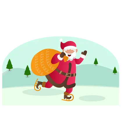 Santa skating with gift bag  Illustration