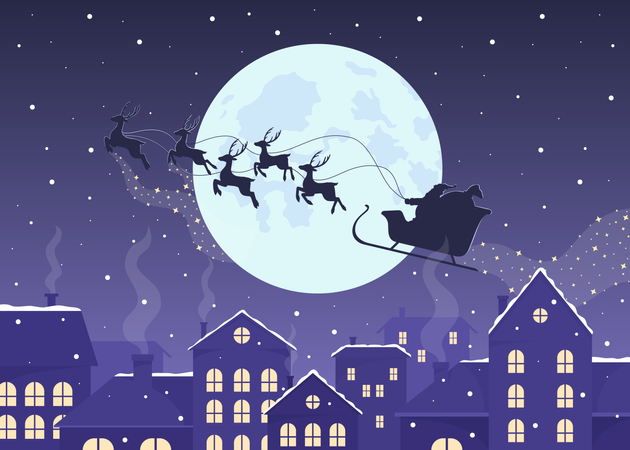 Santa sled silhouette above night cityscape  Illustration