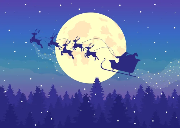 Santa sleigh with reindeers silhouette on night sky  Illustration