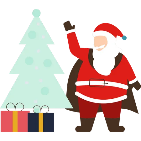 Santa Is Standing By The Christmas Tree And Presents Illustration