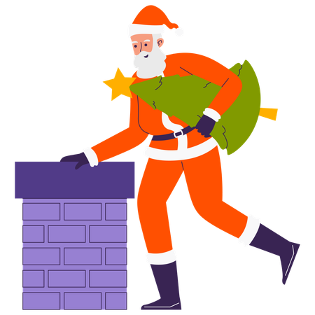 Santa standing near roof's Chimney  Illustration