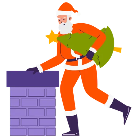 Santa standing near roof's Chimney  Illustration