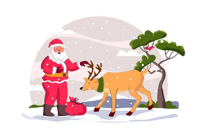 Santa standing with reindeer  Illustration