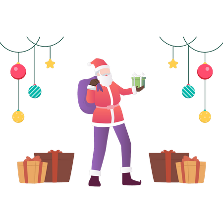 Santa stands among the presents  Illustration
