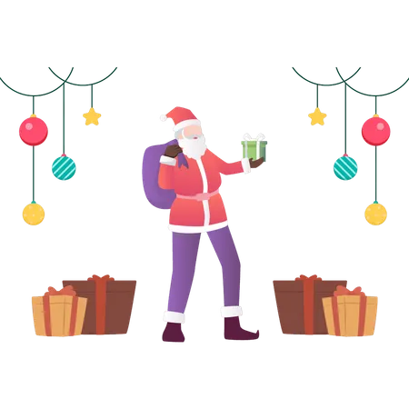 Santa stands among the presents  Illustration