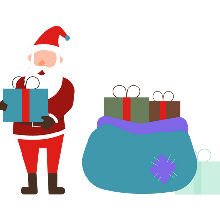 Santa stands with Christmas presents  Illustration