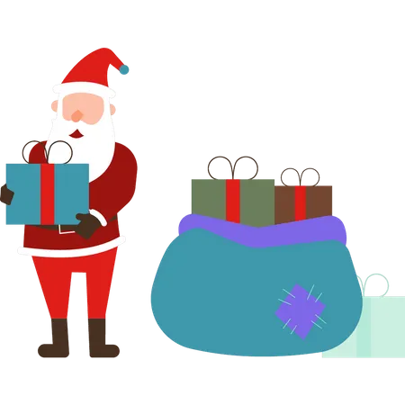 Santa stands with Christmas presents  Illustration