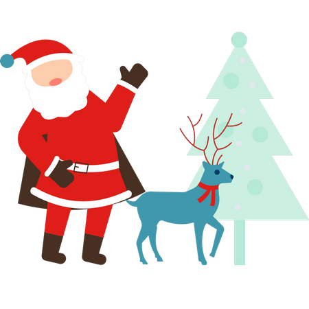 Santa stands with Christmas tree and reindeer Illustration