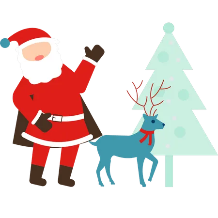 Santa stands with Christmas tree and reindeer Illustration