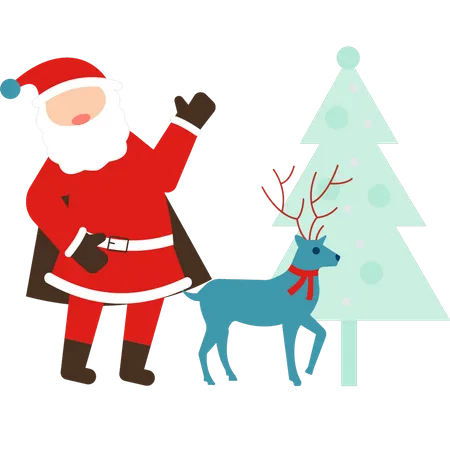 Santa stands with Christmas tree and reindeer  Illustration