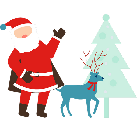 Santa stands with Christmas tree and reindeer  Illustration