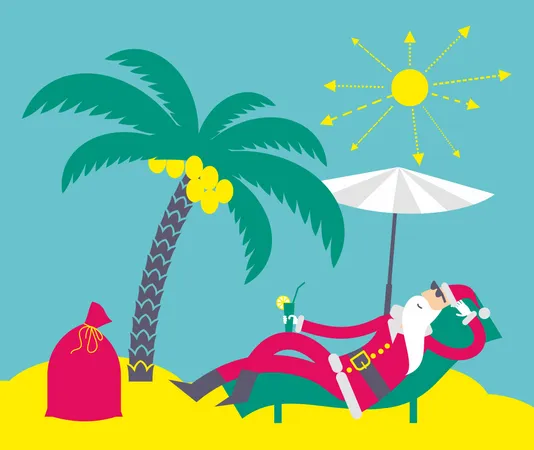 Flat Cartoon Vector Illustration Of A Jolly Character Santa Claus Sunbathes And Drinks A Cocktail On The Beach Under A Palm Tree Illustration