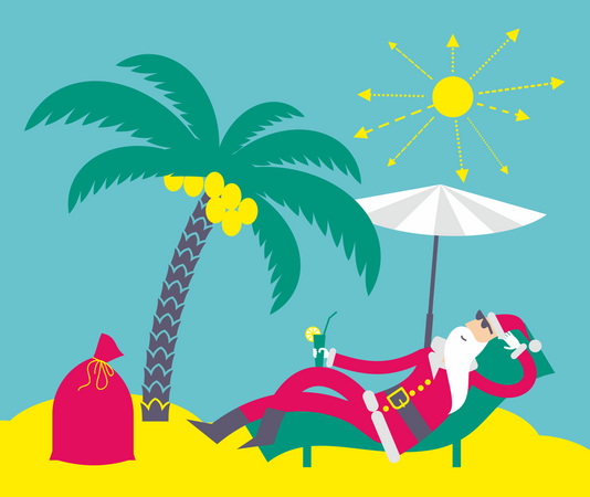 Santa Sunbathes On The Beach  Illustration