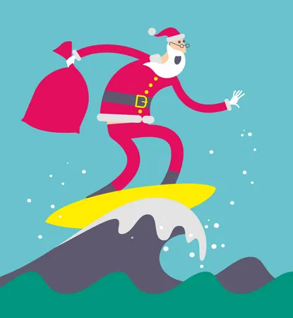 Flat Cartoon Vector Illustration Of A Jolly Character Santa Claus Swimming In The Sea Surfing And Holding A Bag With Gifts In His Hand Illustration