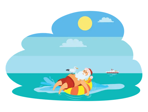 Santa Swimming At Beach Illustration