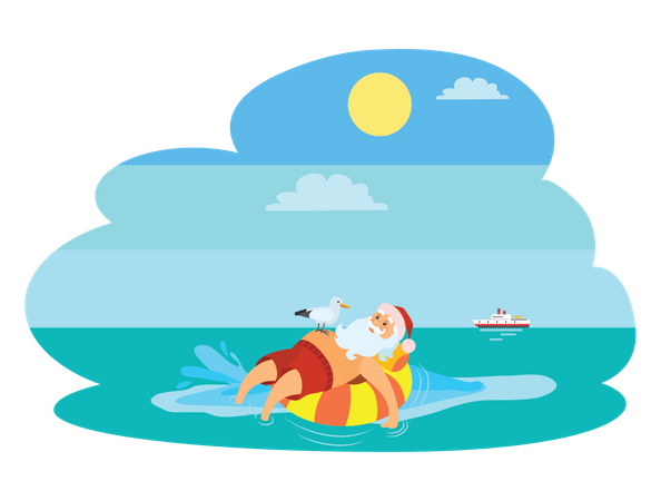 Santa Swimming At Beach  Illustration