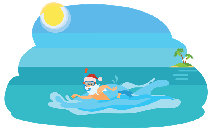 Santa swimming in sea Illustration