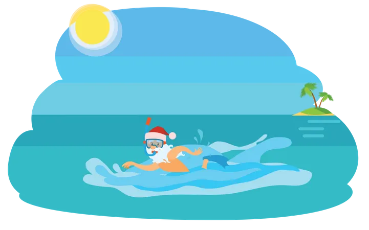 Santa swimming in sea  Illustration