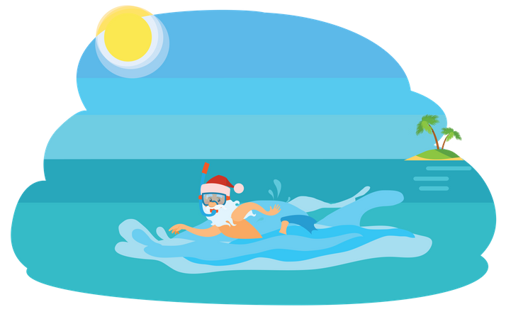 Santa swimming in sea  Illustration