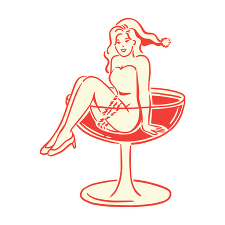 Santa-themed retro girl in martini glass  Illustration