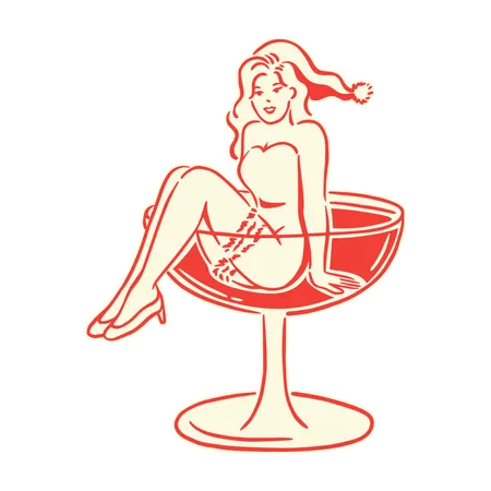 Santa-themed retro girl in martini glass  Illustration