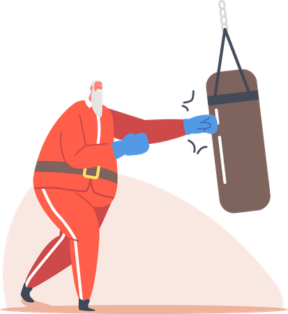 Santa Training in Gym with Punching Bag Illustration