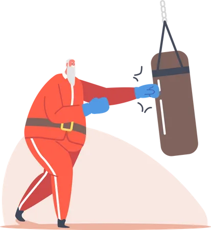 Santa Training In Gym With Punching Bag Christmas Winter Holiday Sport Saint Nicholas Character Healthy Lifestyle Xmas Boxer Mascot Fighting Workout Weight Loss Cartoon Vector Illustration Illustration