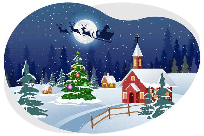 Santa volando en el cielo durante la noche de Navidad  Ilustración