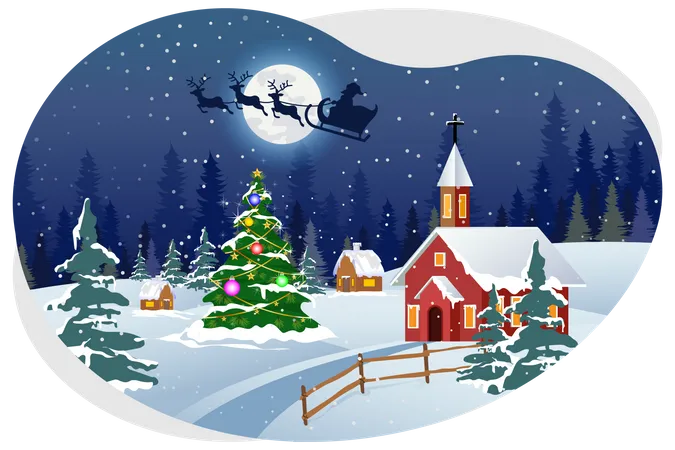 Santa volando en el cielo durante la noche de Navidad  Ilustración