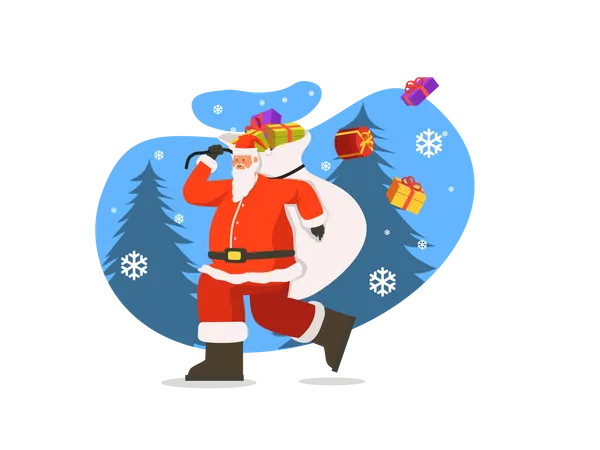 Santa walking with gift bag on his back Illustration