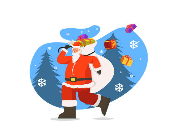 Santa walking with gift bag on his back  Illustration