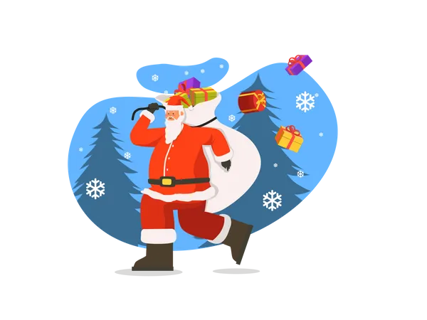 Santa walking with gift bag on his back  Illustration