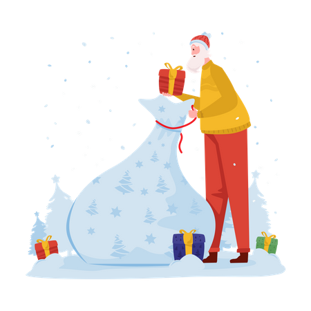 Santa with Christmas gift bag  Illustration