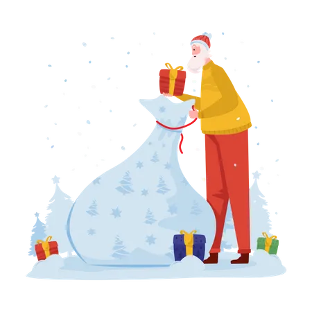 Santa with Christmas gift bag  Illustration