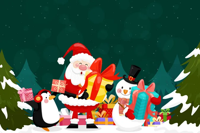 Merry Christmas Card With Santa Snowman Penguin And Gift Box Illustration