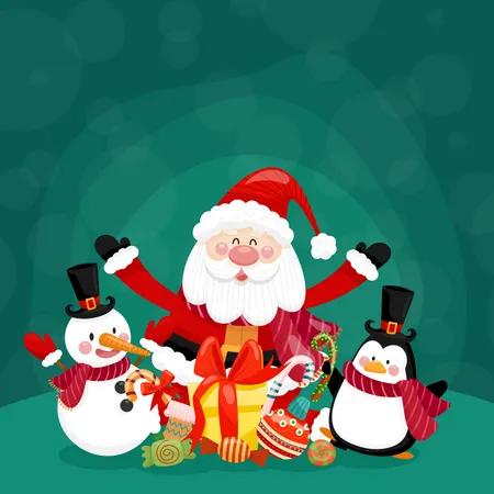 Merry Christmas Card With Santa Snowman Penguin And Gift Box Illustration