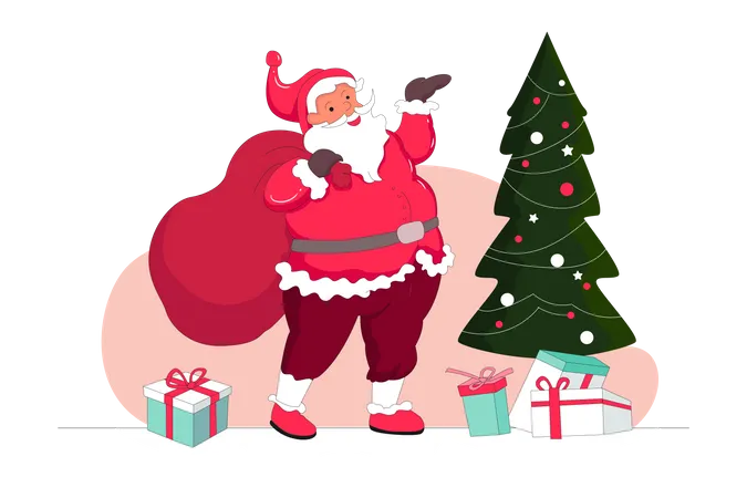 Santa With Christmas Tree  Illustration