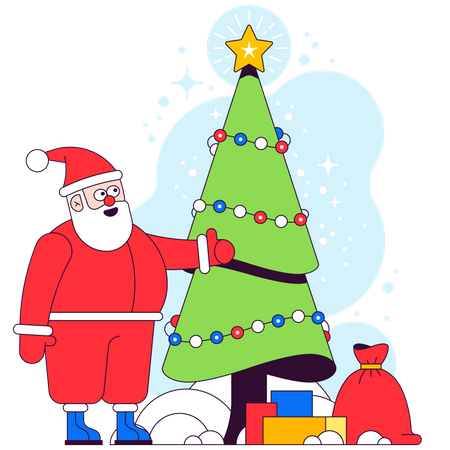 Best Premium Santa with Christmas tree and gifts Illustration download in  PNG & Vector format