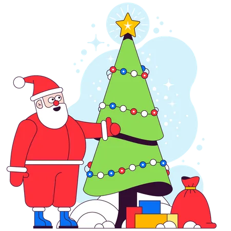 Santa with Christmas tree and gifts  Illustration
