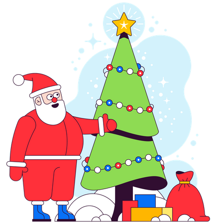 Santa with Christmas tree and gifts  Illustration