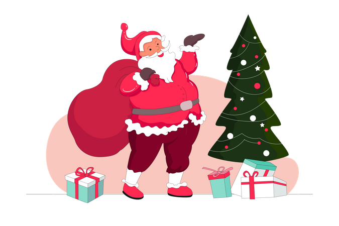 Santa With Christmas Tree  Illustration