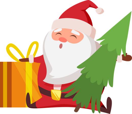 Santa with gift and christmas tree  Illustration