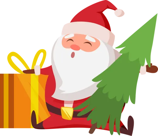 Santa with gift and christmas tree  Illustration