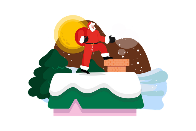 Santa With Gifts On House Roof Illustration