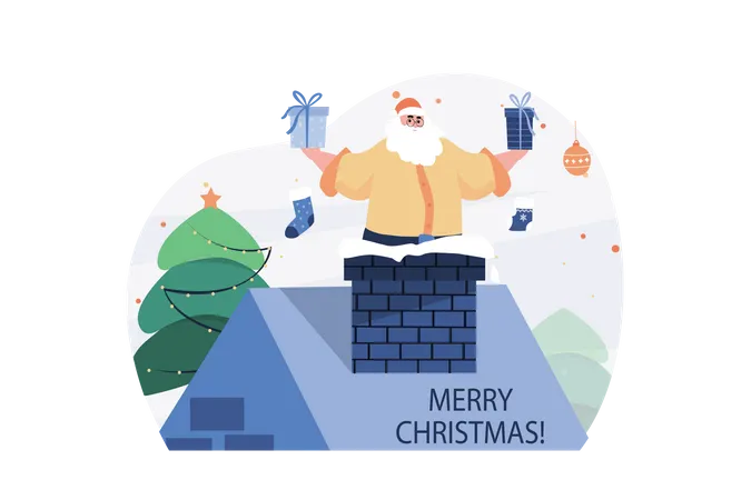 Santa With Gifts On House Roof  Illustration