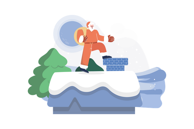 Santa With Gifts On House Roof  Illustration
