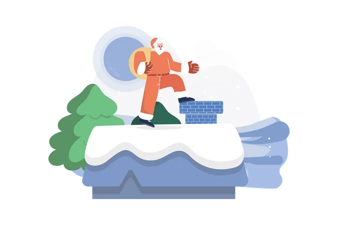 Santa With Gifts On House Roof Illustration