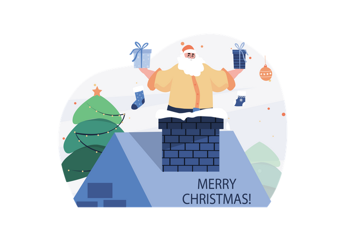 Santa With Gifts On House Roof  Illustration