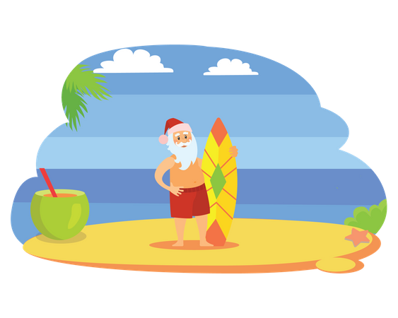 Santa With Surf Board  Illustration