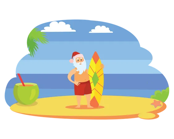 Santa With Surf Board  Illustration